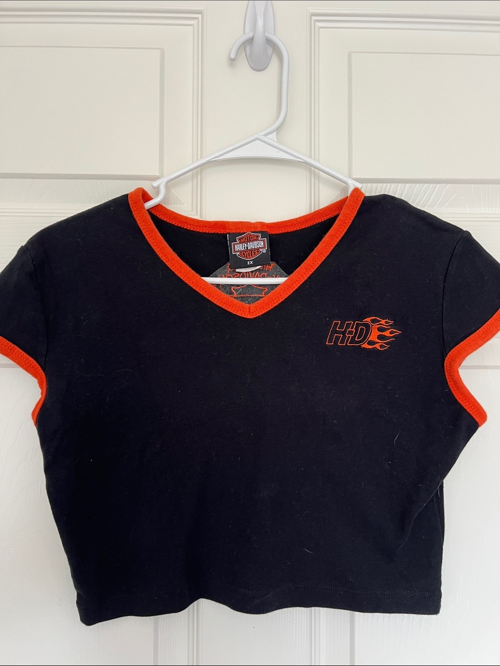 Harley-Davidson Black Cropped V-Neck Tee with Orange Trim